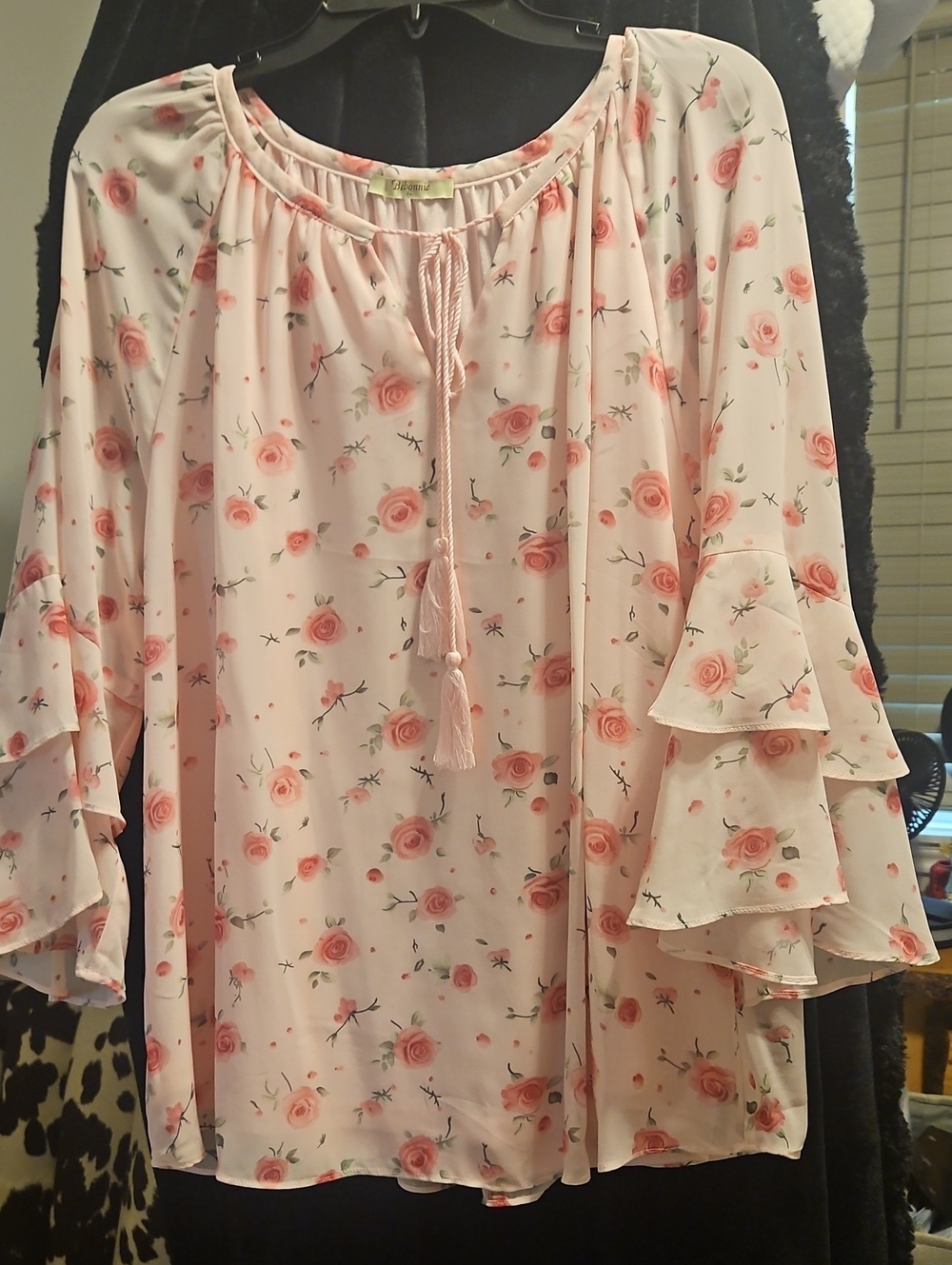 Floral Tie-Neck Ruffle Sleeve Blouse - Pink